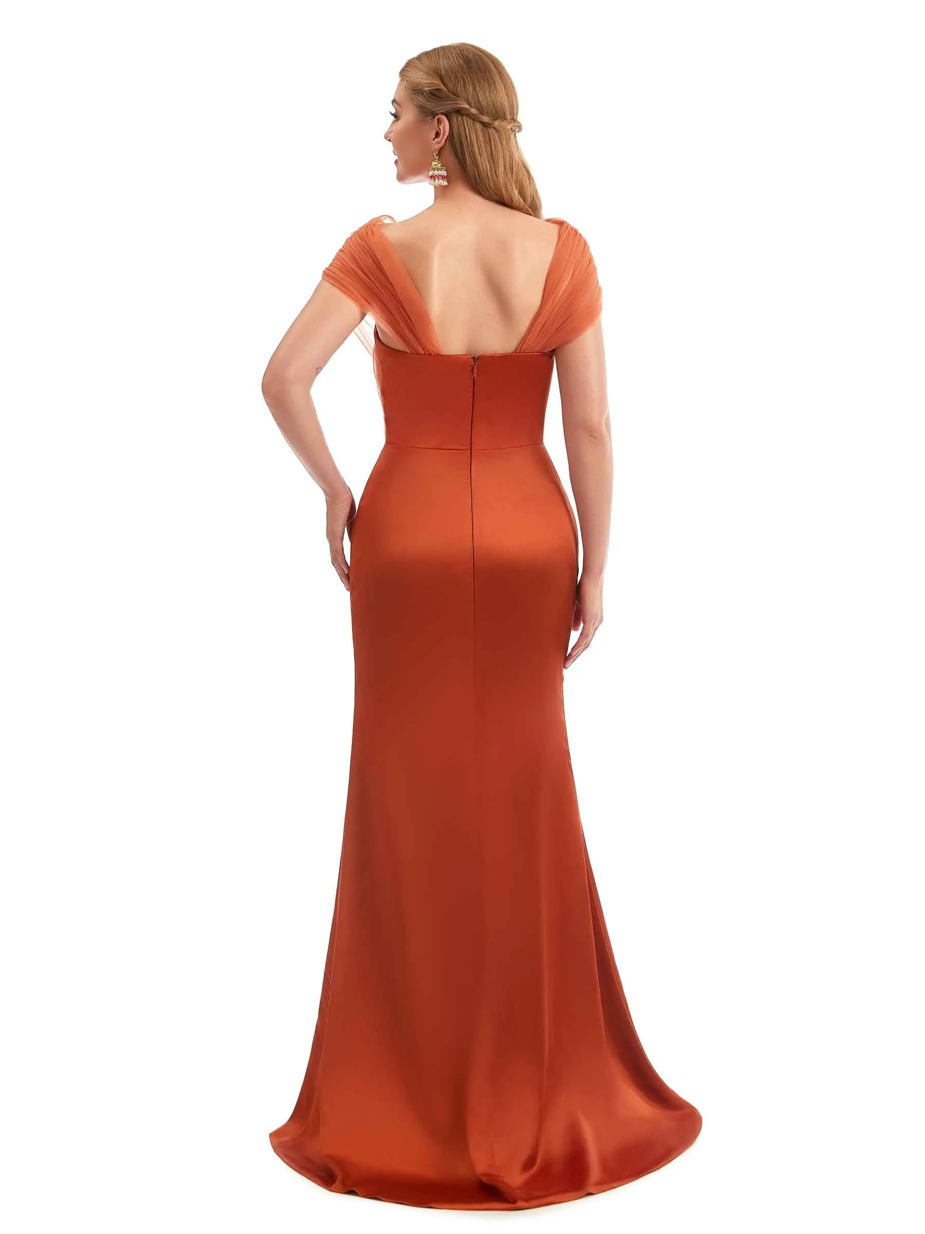 Modern Off The Shoulder Mermaid Satin and Tulle Unique Long Wedding Guest Dresses